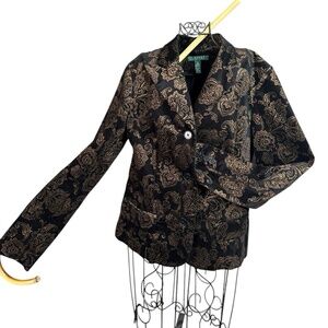 Lauren Ralph Lauren Black Gold Paisley Velvet Blazer Tailored Jacket W Sz 10